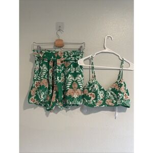 ELA Women's Cropped Tank Top & Shorts Set Green Paisley Batik Print Size M